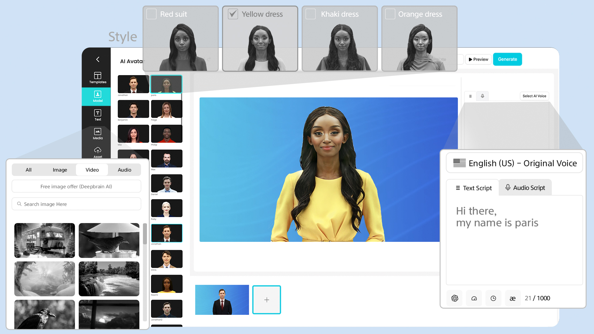 Step by step guide on how to use an AI video generator with lifelike, realistic AI Avatars. Features a POC AI Avatar dressed in yellow. 